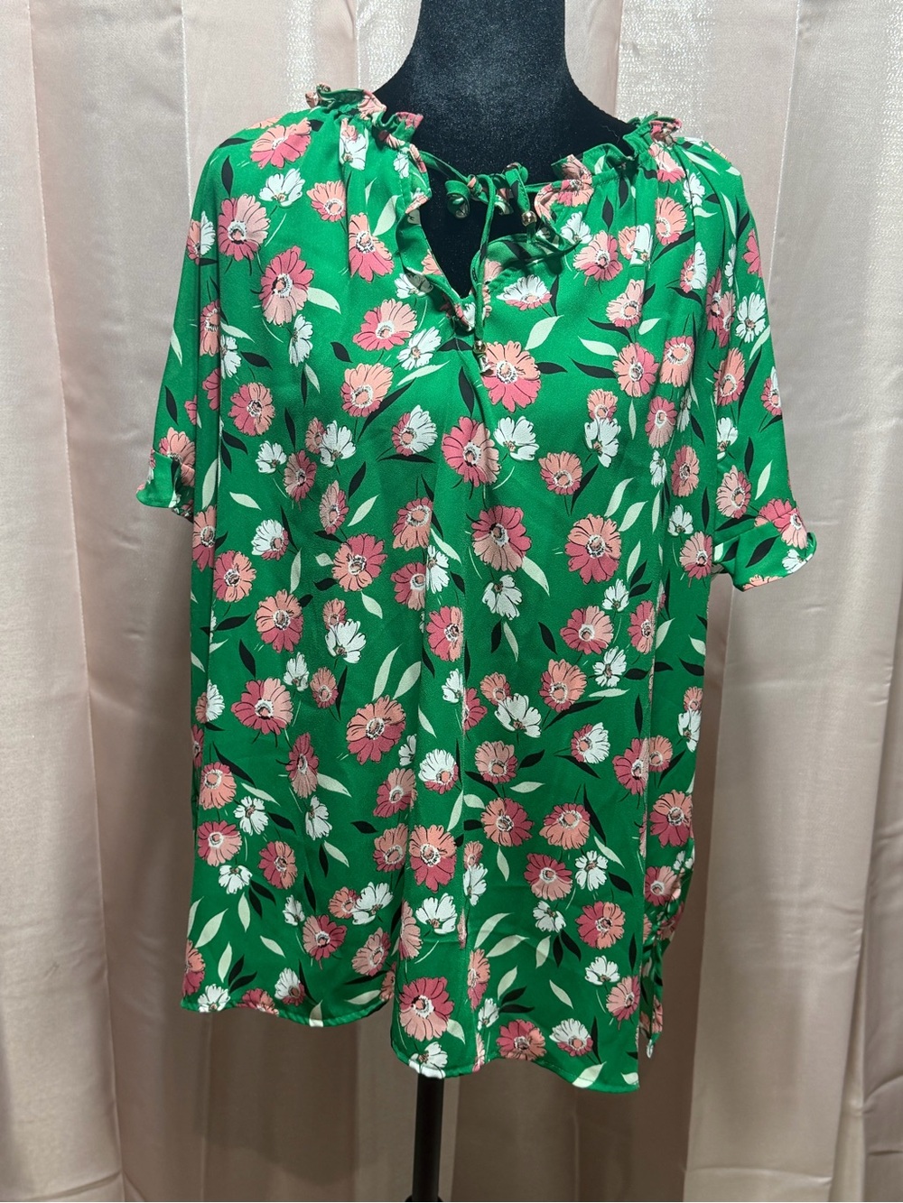 Liz Claiborne Green Floral Tie-Front Peasant Blouse